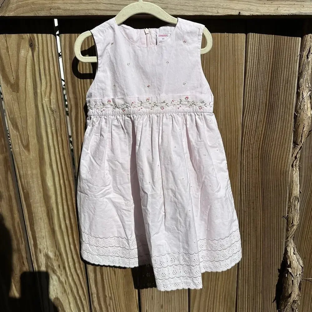 Vintage Gymboree Baby Girl Dress Size 3T Pink Embroidered Flowers‎ Eyelet
